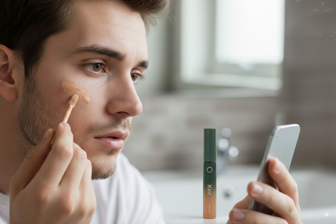 Young man using Kint Daily Concealer to cover a pimple on his cheek, achieving natural and seamless coverage for men’s skin.