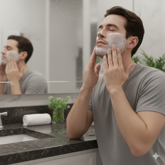 Man applying skincare in the bathroom