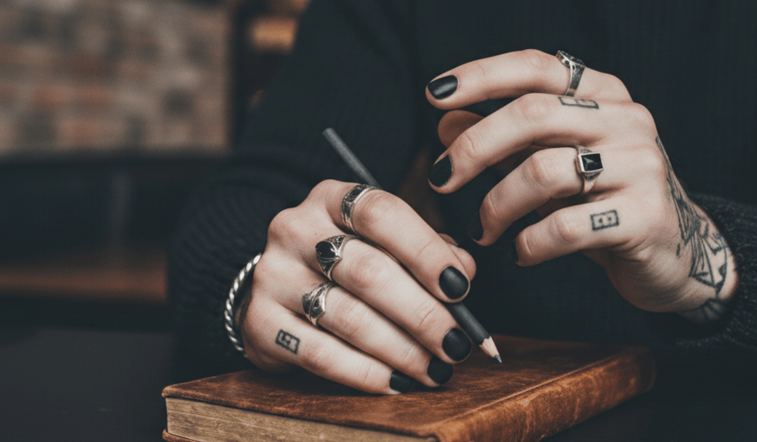 Man with his nails painted black and a pen in his hand resting on a journal.